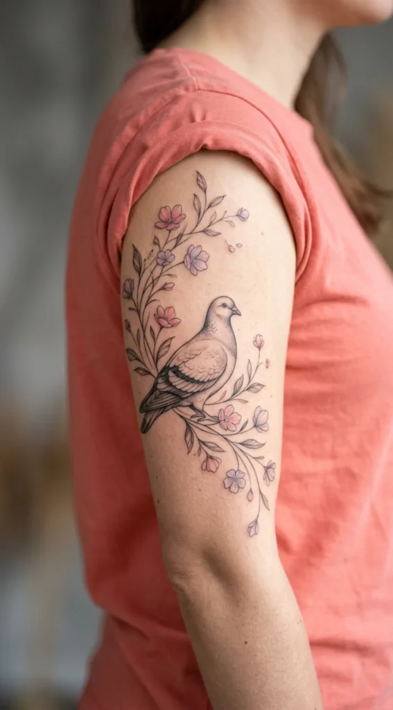 Graceful Pigeon With Flowing Floral Details