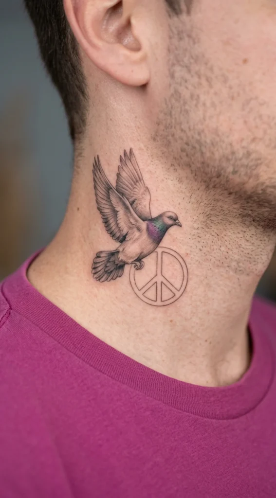 Peace Symbol Neck Pigeon Tattoo