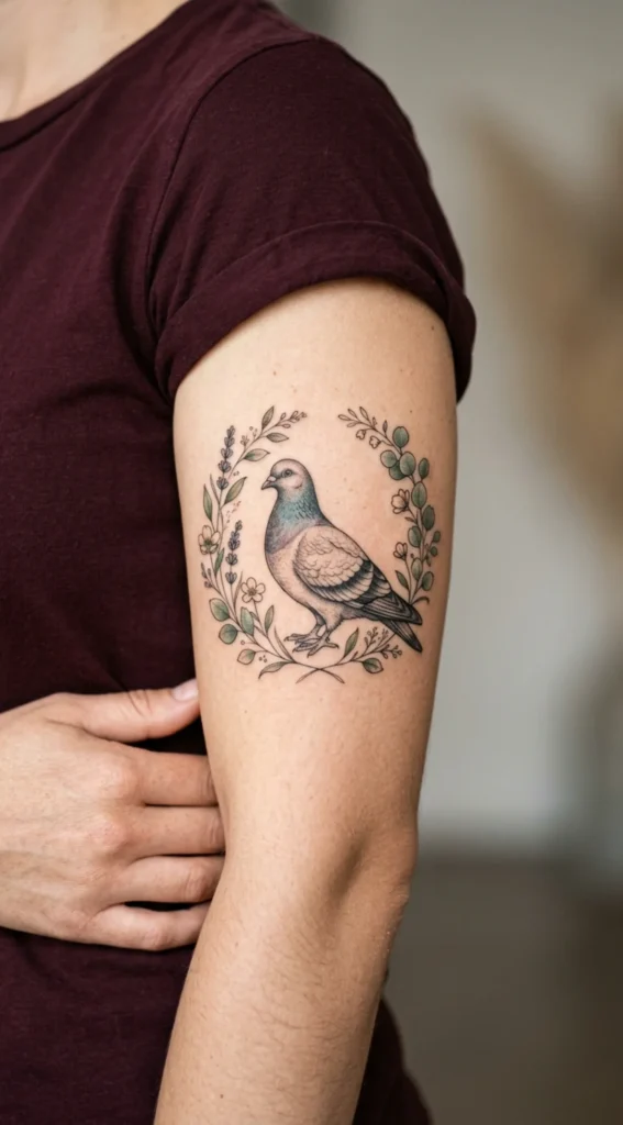 Pigeon With Botanical Wreath Design