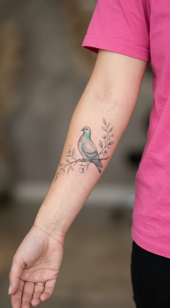 Pigeon With Dainty Floral Branch