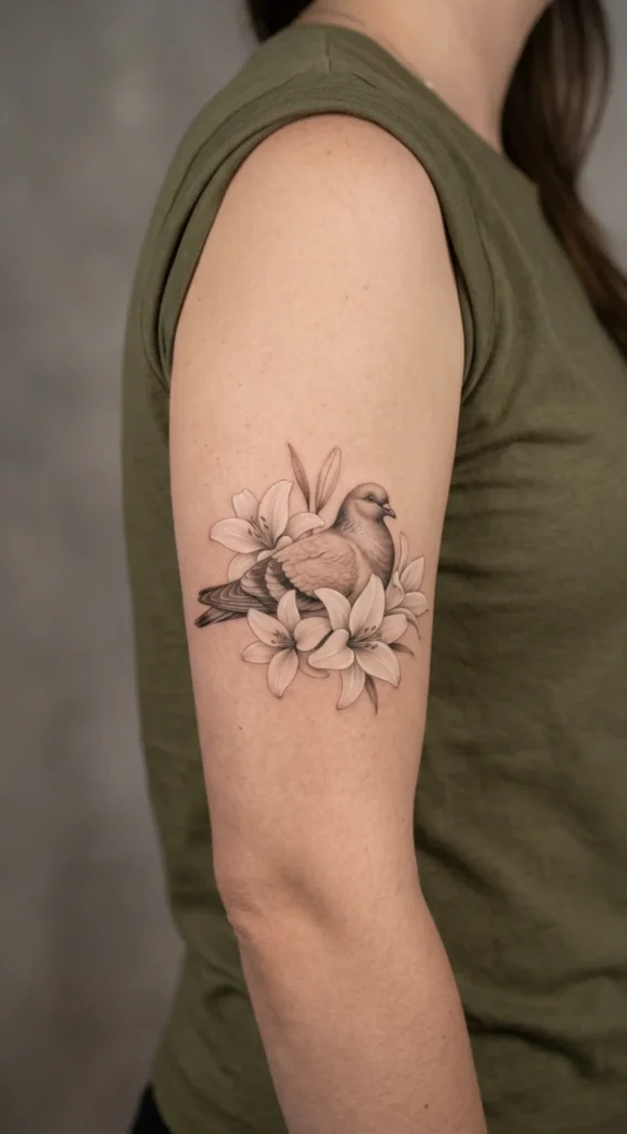 Pigeon With Delicate Lily Flowers