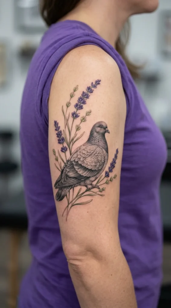 Realistic Pigeon With Lavender Flowers