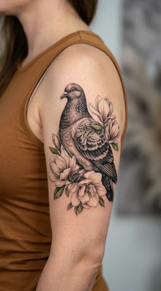Realistic Pigeon With Magnolia Blossoms