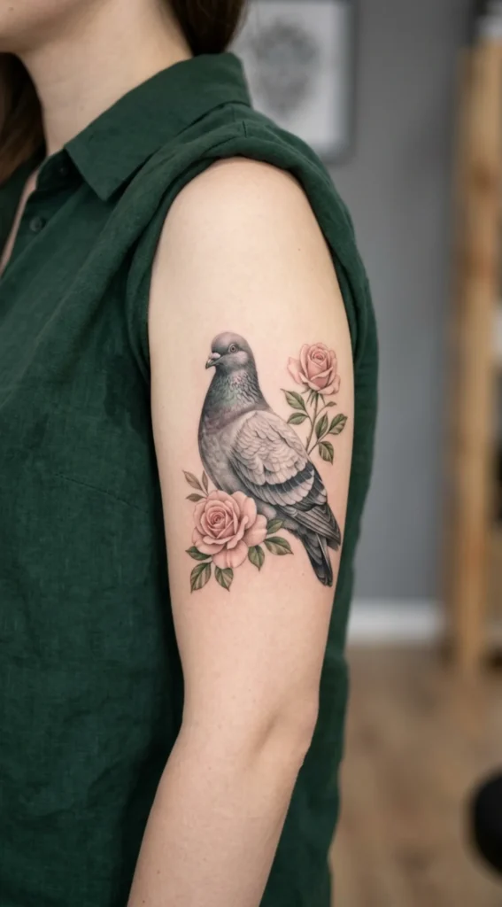 Realistic Pigeon With Rose Accents