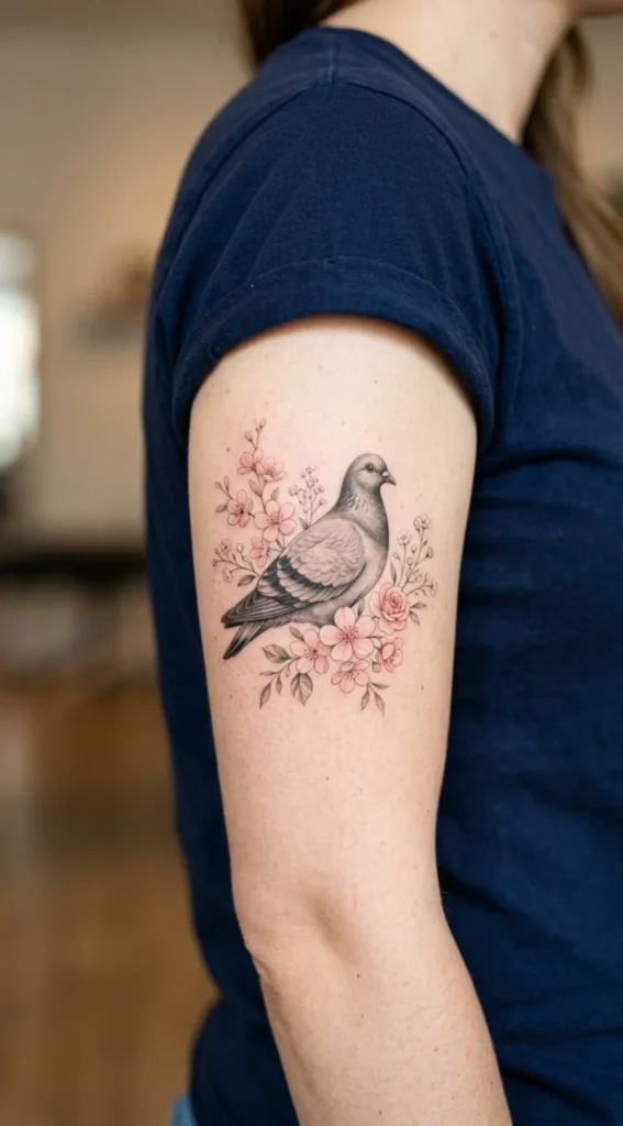Realistic Pigeon With Soft Pink Flowers