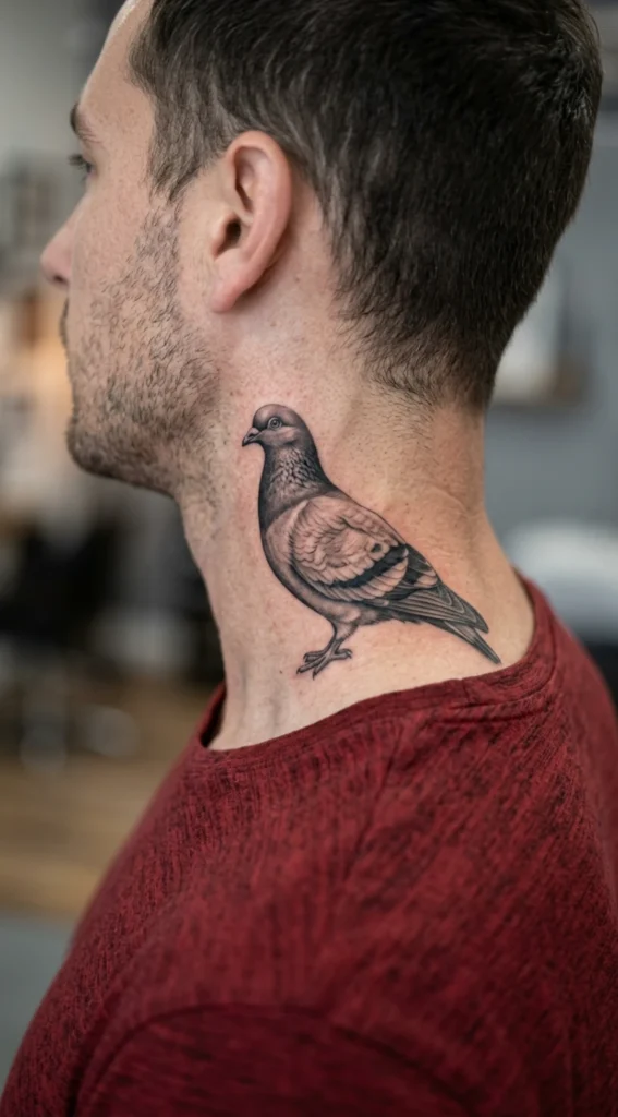 Realistic Pigeon on Side Neck Tattoo