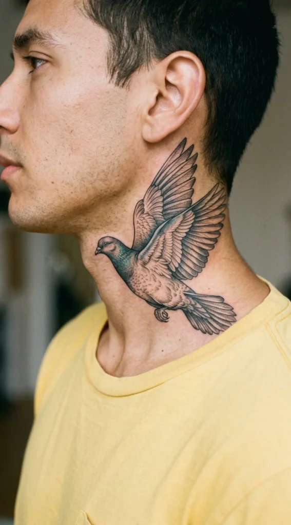 Spread Wings Neck Pigeon Tattoo